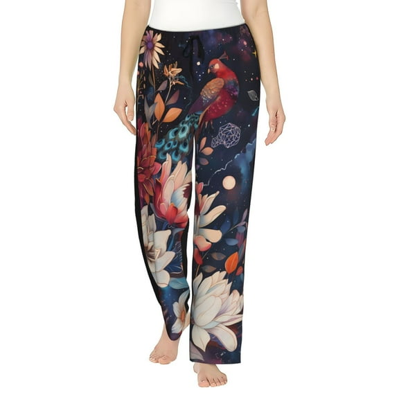 Uemuo Colorful Flower Peacock Pattern Women's Wide Leg Palazzo Lounge Pants with Pockets Light Weight Loose Comfy Casual Pajama Pants-Small