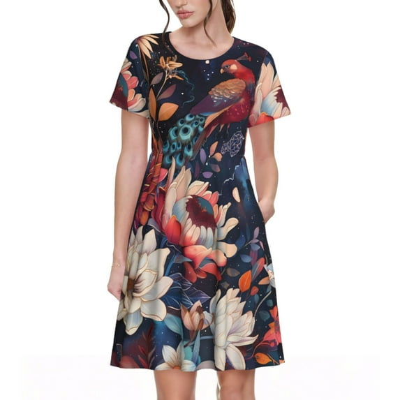 Uemuo Colorful Flower Peacock Print Womens Summer Dress Casual Swing Short Sleeve Sundresses Beach A-line Shift Dress