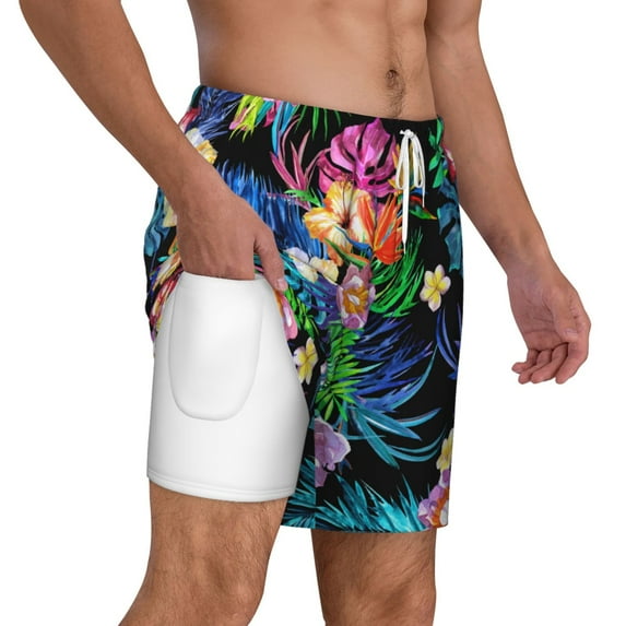 Uemuo Colorful Flowers Pattern Mens Swim Trunks Quick Dry Board Shorts with Mesh Lining, Stretch Beach Shorts Quick Dry No-Chafing Board Shorts-3X-Large
