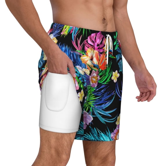 Uemuo Colorful Flowers Pattern Mens Swim Trunks Quick Dry Board Shorts with Mesh Lining, Stretch Beach Shorts Quick Dry No-Chafing Board Shorts-Medium