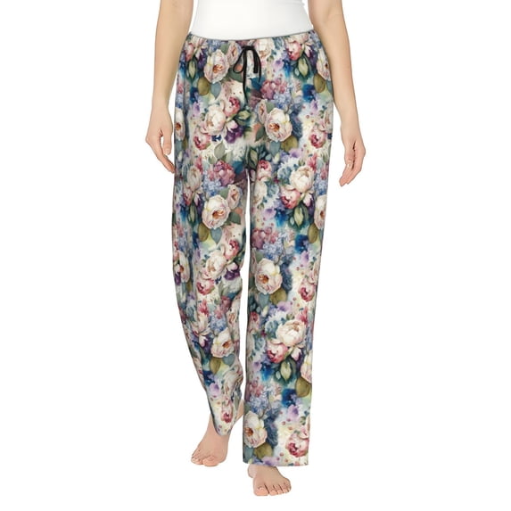 Uemuo Colorful Flowers Pattern Women's Wide Leg Palazzo Lounge Pants with Pockets Light Weight Loose Comfy Casual Pajama Pants-XX-Large