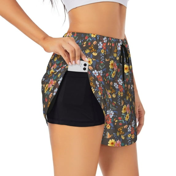 Uemuo Colorful Flowers with Butterfly Pattern Women's Athletic Shorts High Waisted Running Shorts with Liner Pockets Gym Elastic Workout Shorts-Small