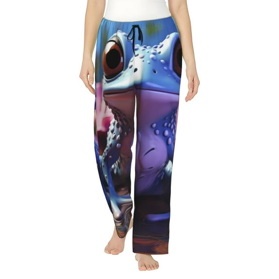 Uemuo Colorful Frog Among Flowers Pattern Women's Wide Leg Palazzo Lounge Pants with Pockets Light Weight Loose Comfy Casual Pajama Pants-Small