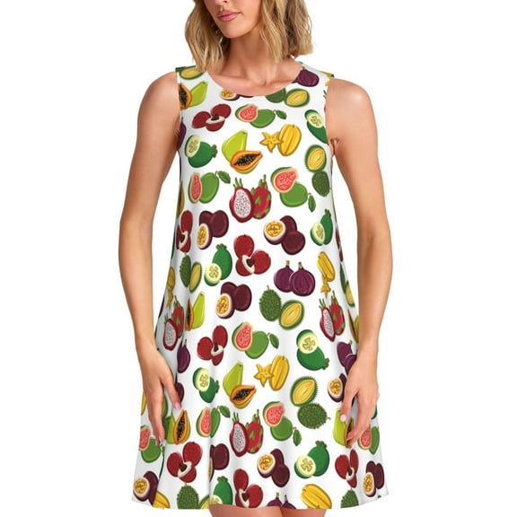 Uemuo Colorful Fruits Pattern Women’s Sleeveless Dress – Casual Summer A-Line Dress, Stylish and Comfortable Sundress for Hot Weather