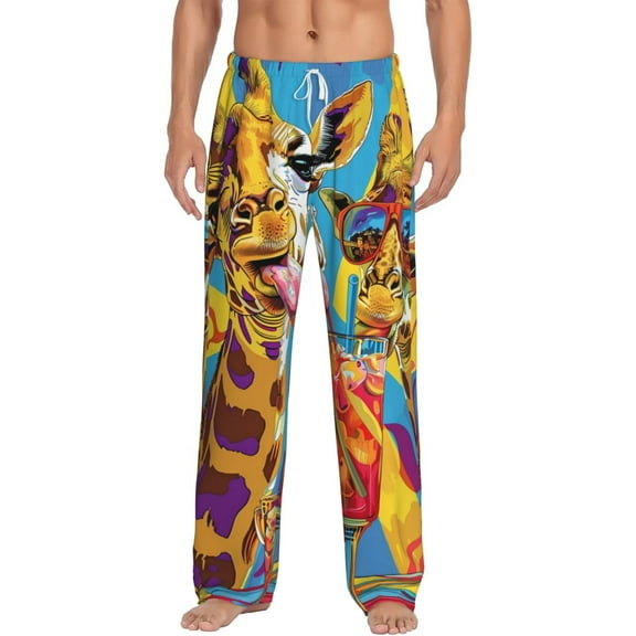 Uemuo Colorful Giraffes with Drinks Pattern Men's Wide Leg Palazzo Lounge Pants with Pockets Light Weight Loose Comfy Casual Pajama Pants-Large
