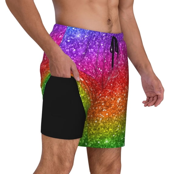 Uemuo Colorful Glitter Pattern Mens Swim Trunks Quick Dry Board Shorts with Mesh Lining, Stretch Beach Shorts Quick Dry No-Chafing Board Shorts-3X-Large