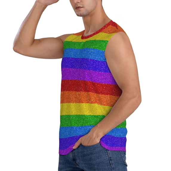 Uemuo Colorful Glitter Rainbow Pattern Men's Sleeveless T-Shirt,Muscle Athletic Tank Top, Moisture-wicking Quick-dry Breathable Classic Tee Top for Gym Run Outdoor Sports-X-Large