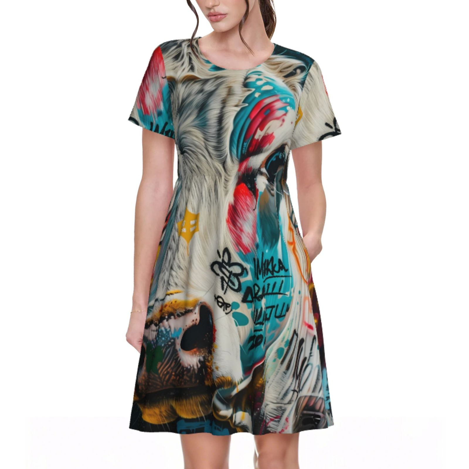 Uemuo Colorful Graffiti Cow Print Womens Summer Dress Casual Swing ...