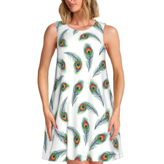 Uemuo Colorful Grass Pattern Women’s Sleeveless Dress – Casual Summer A-Line Dress, Stylish and Comfortable Sundress for Hot Weather