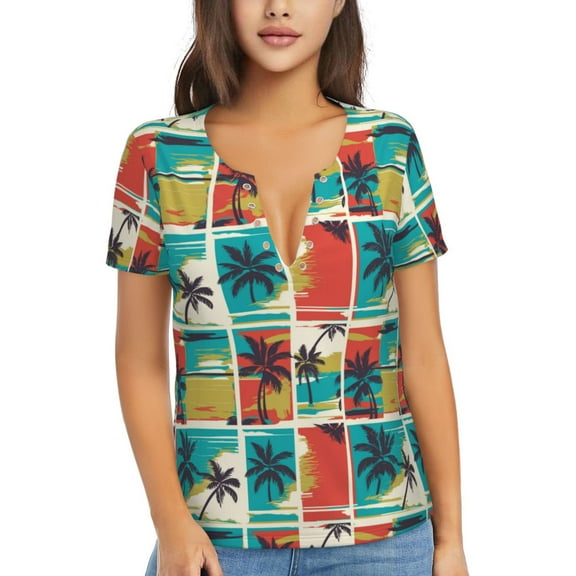 Uemuo Colorful Hawaii Palms Drawing Women's Deep V-Neck Low Cut Tops - Casual Loose Fit with Stainless Steel Loop, Soft, Breathable, Perfect for Office, Travel, and Daily Wear-X-Large