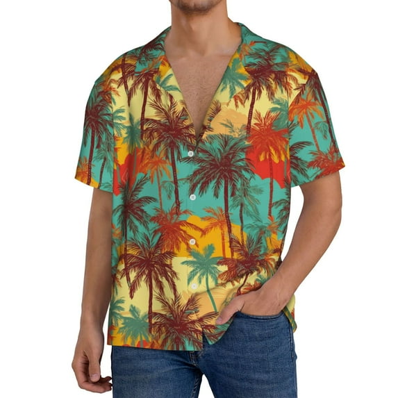 Uemuo Colorful Hawaii Palms Pattern Cotton Linen Short Sleeve Shirts,Casual Lightweight Button Down Shirts,Vacation Beach Summer Tops-Medium