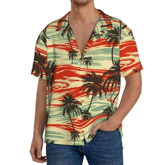 Uemuo Colorful Hawaii Palms Pattern Cotton Linen Short Sleeve Shirts,Casual Lightweight Button Down Shirts,Vacation Beach Summer Tops-Small
