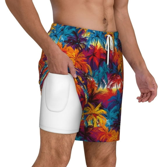 Uemuo Colorful Hawaii Palms Pattern Mens Swim Trunks Quick Dry Board Shorts with Mesh Lining, Stretch Beach Shorts Quick Dry No-Chafing Board Shorts-Small
