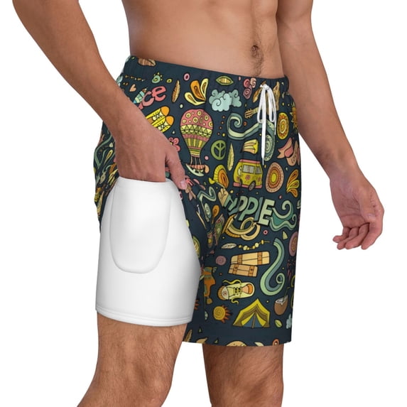 Uemuo Colorful Hippie Pattern Mens Swim Trunks Quick Dry Board Shorts with Mesh Lining, Stretch Beach Shorts Quick Dry No-Chafing Board Shorts-X-Large