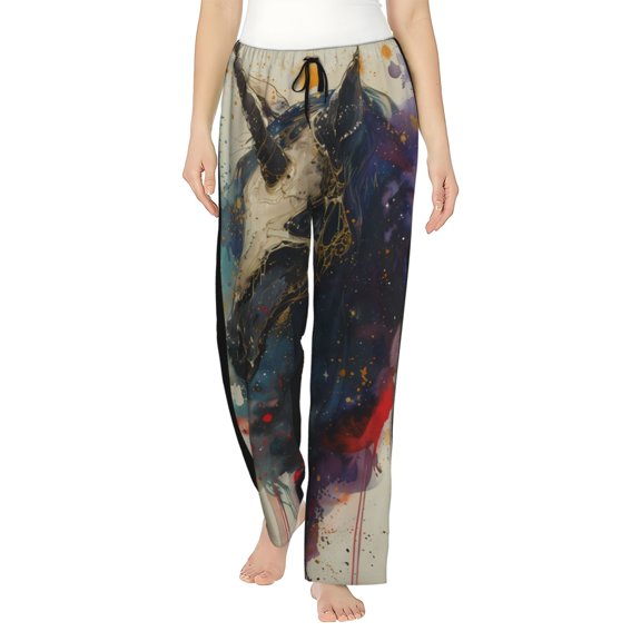 Uemuo Colorful Ink Cute Horse Pattern Women's Wide Leg Palazzo Lounge Pants with Pockets Light Weight Loose Comfy Casual Pajama Pants-Small