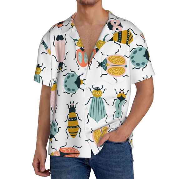 Uemuo Colorful Insects Pattern Cotton Linen Short Sleeve Shirts,Casual Lightweight Button Down Shirts,Vacation Beach Summer Tops-Small