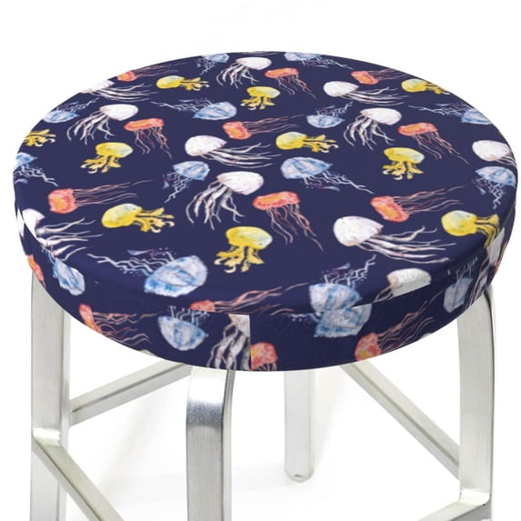 Uemuo Colorful Jellyfish Pattern Round Bar Stool Seat Covers Washable Stool Cushion Slipcover Elastic Bar Chair Covers-