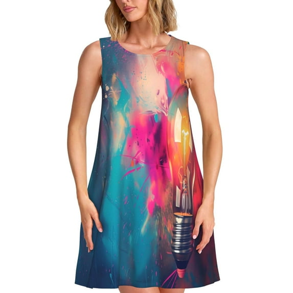 Uemuo Colorful Lightbulb Abstract Pattern Women’s Sleeveless Dress – Casual Summer A-Line Dress, Stylish and Comfortable Sundress for Hot Weather