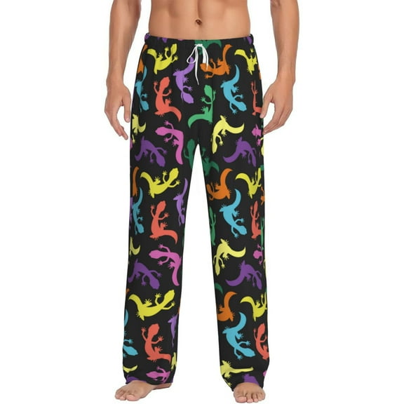 Uemuo Colorful Lizards Pattern Men's Wide Leg Palazzo Lounge Pants with Pockets Light Weight Loose Comfy Casual Pajama Pants-Medium