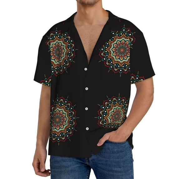 Uemuo Colorful Mandala Pattern Cotton Linen Short Sleeve Shirts,Casual Lightweight Button Down Shirts,Vacation Beach Summer Tops-Medium