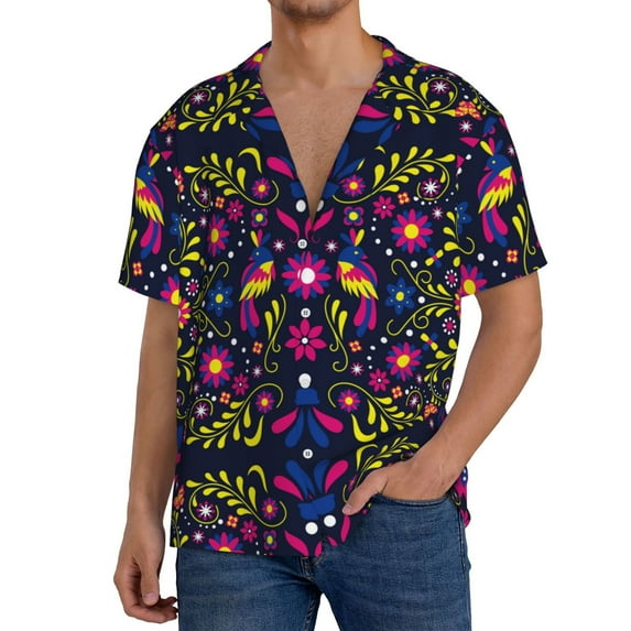 Uemuo Colorful Mexican Pattern Cotton Linen Short Sleeve Shirts,Casual Lightweight Button Down Shirts,Vacation Beach Summer Tops-Small