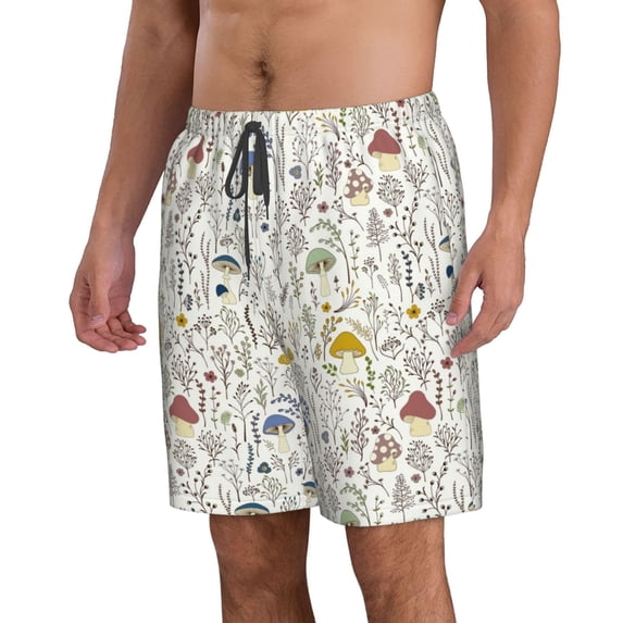 Uemuo Colorful Mushrooms and Plants Pattern Men's Swim Trunks Hawaiian Beach Bathing Suit Swimsuits Beach Quick-Dry Shorts with Pockets-X-Large