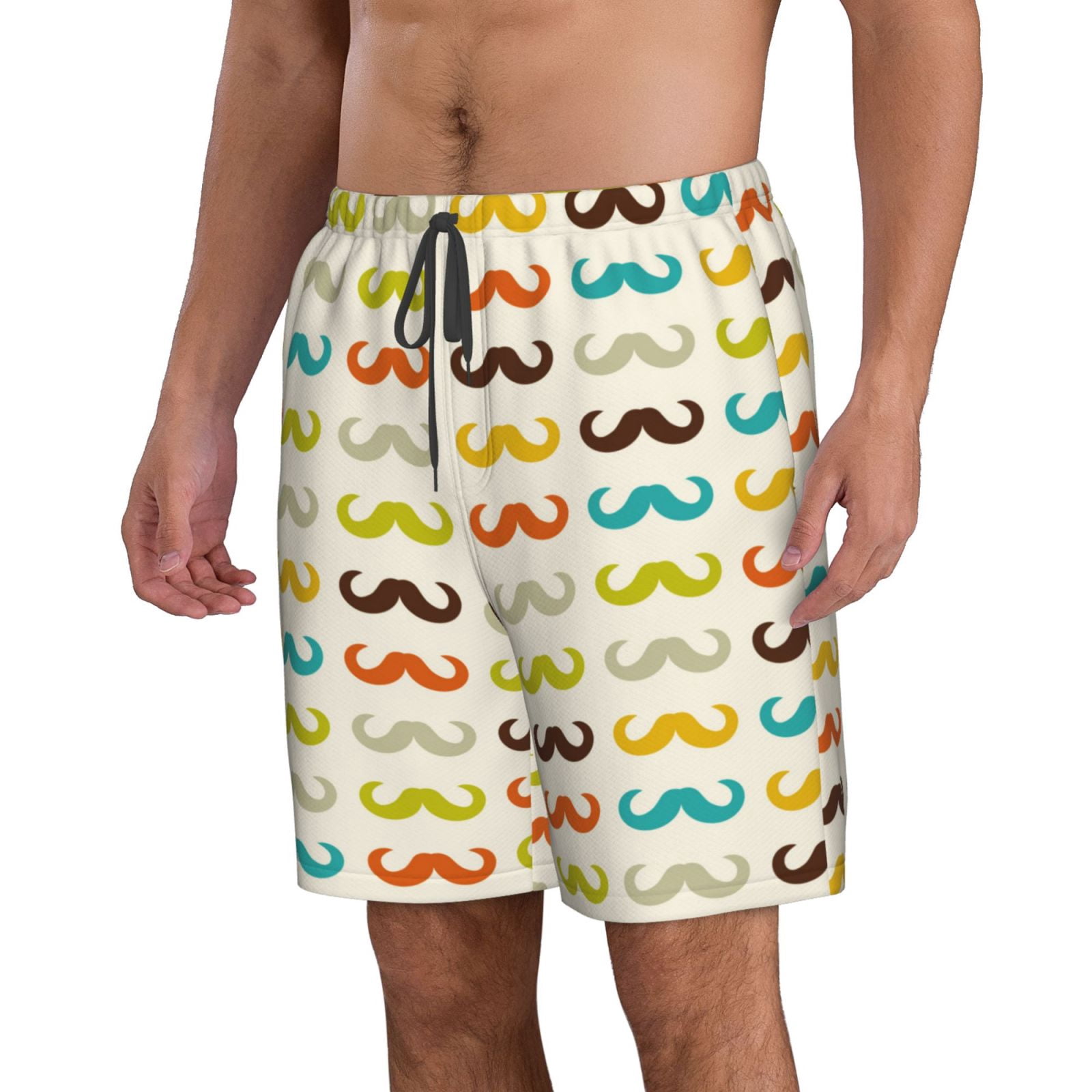 VISESUNNY Men's Beach Swim Trunks - White Mustache Black Pattern, Quick-Dry, Mesh Lining For Swimming & Sports