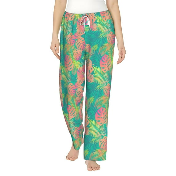 Uemuo Colorful Palm Leaves Pattern Women's Wide Leg Palazzo Lounge Pants with Pockets Light Weight Loose Comfy Casual Pajama Pants-Medium