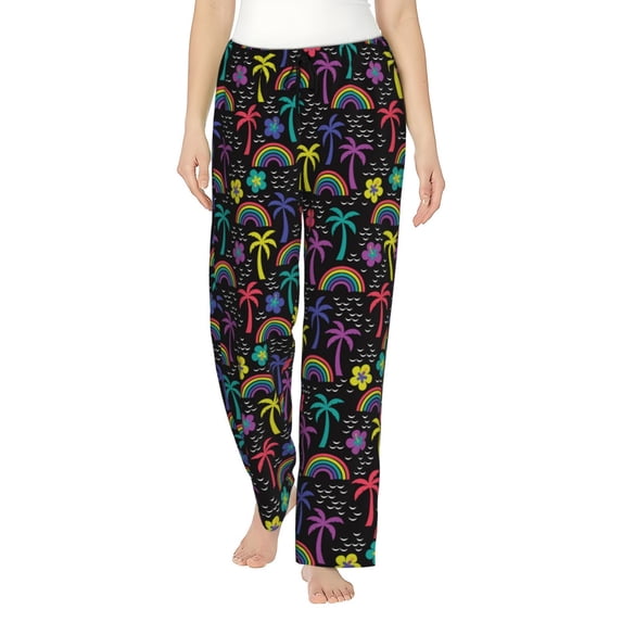 Uemuo Colorful Palms Pattern Women's Wide Leg Palazzo Lounge Pants with Pockets Light Weight Loose Comfy Casual Pajama Pants-Small
