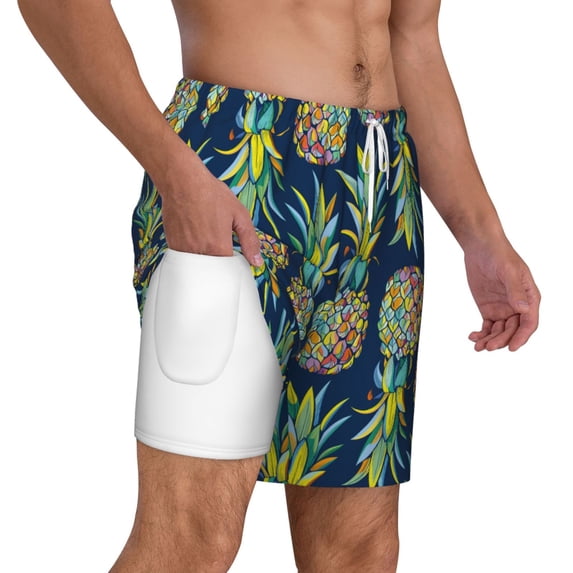 Uemuo Colorful Pineapples Pattern Mens Swim Trunks Quick Dry Board Shorts with Mesh Lining, Stretch Beach Shorts Quick Dry No-Chafing Board Shorts-Small