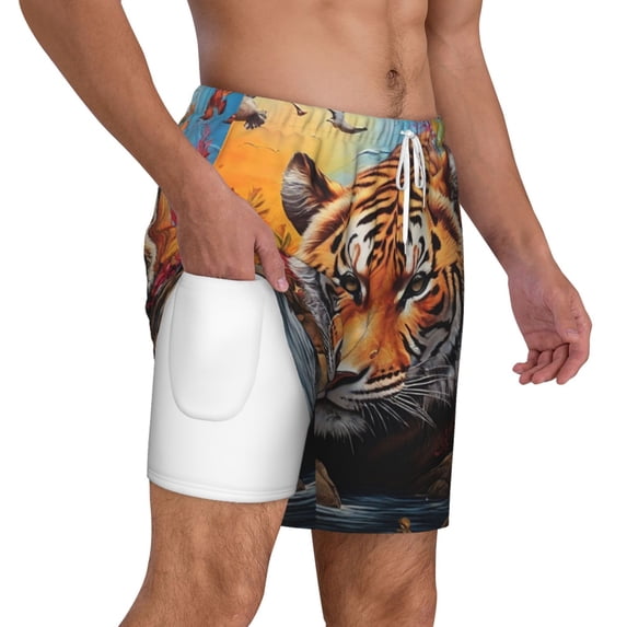 Uemuo Colorful Plant Tiger Pattern Mens Swim Trunks Quick Dry Board Shorts with Mesh Lining, Stretch Beach Shorts Quick Dry No-Chafing Board Shorts-Small