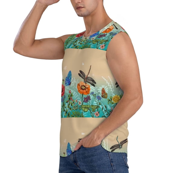 Uemuo Colorful Plants And Insects Pattern Men's Sleeveless T-Shirt,Muscle Athletic Tank Top, Moisture-wicking Quick-dry Breathable Classic Tee Top for Gym Run Outdoor Sports-Large