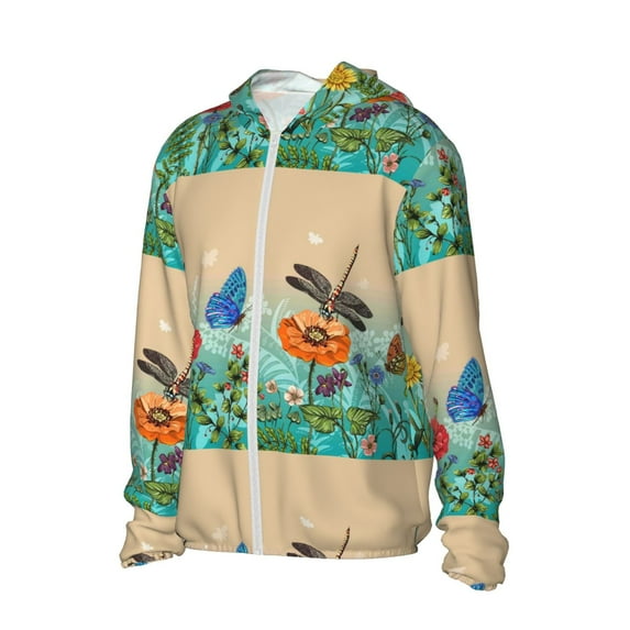 Uemuo Colorful Plants And Insects Pattern Women's Full Zip UPF 50+ Sun Protection Hoodie Jacket Long Sleeve Sun Shirt Hiking Outdoor Performance with Pockets-Large