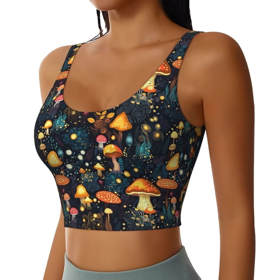 Uemuo Colorful Plants Mushroom Pattern Women's Sports Bra - High Impact Support, Breathable, and Comfortable Athletic Bra for Running, Yoga, and Workouts