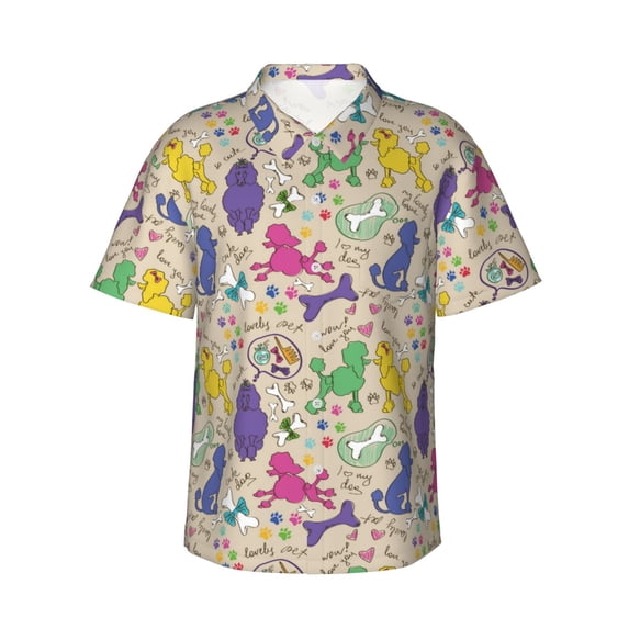 Uemuo Colorful Poodle Dog Printed Regular Fit Short Sleeve Casual Hawaiian Shirt for Men,Aloha shirt,Tropical shirt,Floral print shirt,Vacation Beach shirt-X-Large