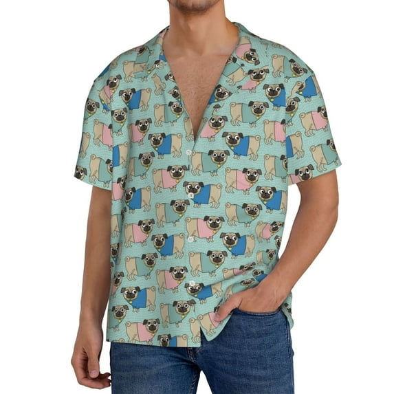 Uemuo Colorful Pugs Pattern Cotton Linen Short Sleeve Shirts,Casual Lightweight Button Down Shirts,Vacation Beach Summer Tops-4X-Large
