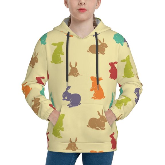 Uemuo Colorful Rabbit Pattern Hooded Sweatshirt for Youth Pullover with Kangaroo Pocket Trendy youth sweatshirt Casual Hoodie for Boys and Girls-Small