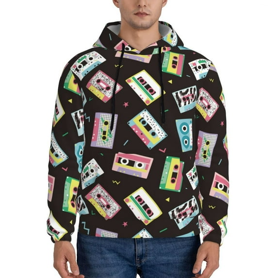 Uemuo Colorful Retro Tape Pattern Men's Hoodie - Casual Pullover Hoodie with Kangaroo Pocket, Stylish Hooded Sweatshirt for Everyday Wear-Medium