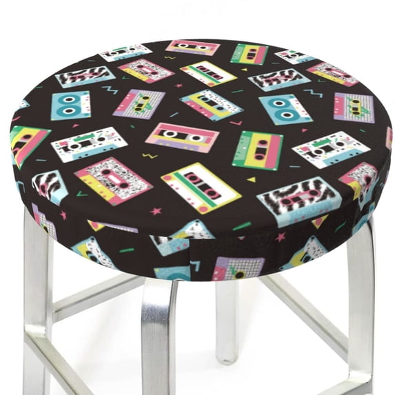 Uemuo Colorful Retro Tape Pattern Round Bar Stool Seat Covers Washable Stool Cushion Slipcover Elastic Bar Chair Covers-