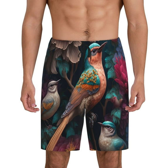 Uemuo Colorful Rose Bird Pattern Men's Short Pajama Pants – Soft & Breathable Lounge Shorts, Elastic Waistband with Pockets, Lightweight Sleepwear for All-Season Comfort-X-Large