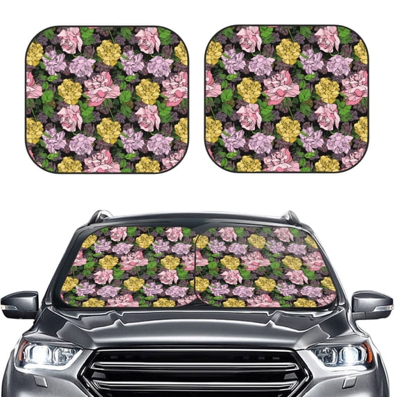 Uemuo Colorful Roses Printed 2 PCS Car Windshield Sun Shade, Auto Sun Heat and UV Rays Blocker, Foldable Automotive Front Window Sunshade Protector