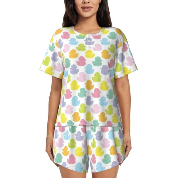 Uemuo Colorful Rubber Duck Pattern Women's Short-Sleeved Pajama, Button-Front Loungewear, 2-Piece Summer Sleepwear, Elastic Drawstring Shorts-4X-Large