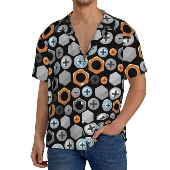 Uemuo Colorful Screws Pattern Cotton Linen Short Sleeve Shirts,Casual Lightweight Button Down Shirts,Vacation Beach Summer Tops-Small