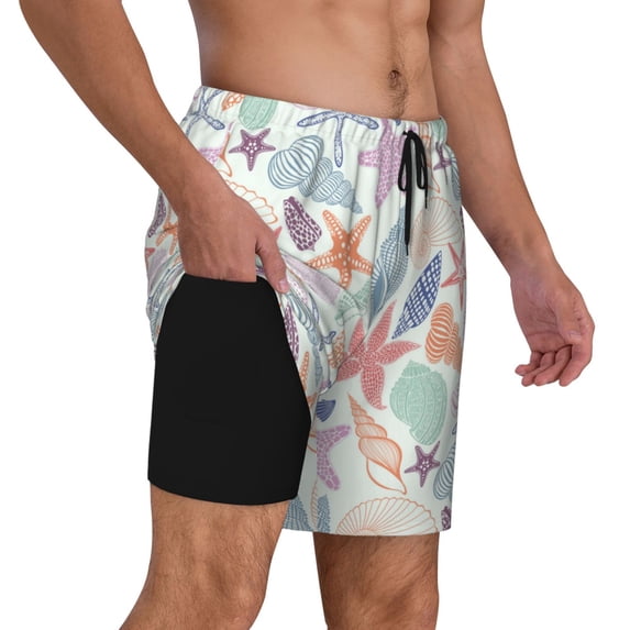 Uemuo Colorful Seashells Pattern Mens Swim Trunks Quick Dry Board Shorts with Mesh Lining, Stretch Beach Shorts Quick Dry No-Chafing Board Shorts-Large