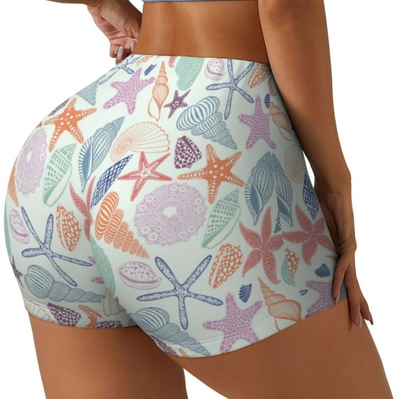 Uemuo Colorful Seashells Pattern Women Workout Impact Shorts Scrunch Butt Lifting Gym Shorts Seamless Booty Biker Shorts-Large