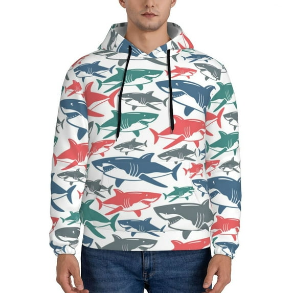 Uemuo Colorful Shark Pattern Men's Hoodie - Casual Pullover Hoodie with Kangaroo Pocket, Stylish Hooded Sweatshirt for Everyday Wear-Large