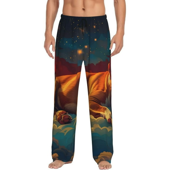 Uemuo Colorful Starry Sky Sleep Dog Pattern Men's Wide Leg Palazzo Lounge Pants with Pockets Light Weight Loose Comfy Casual Pajama Pants-Small