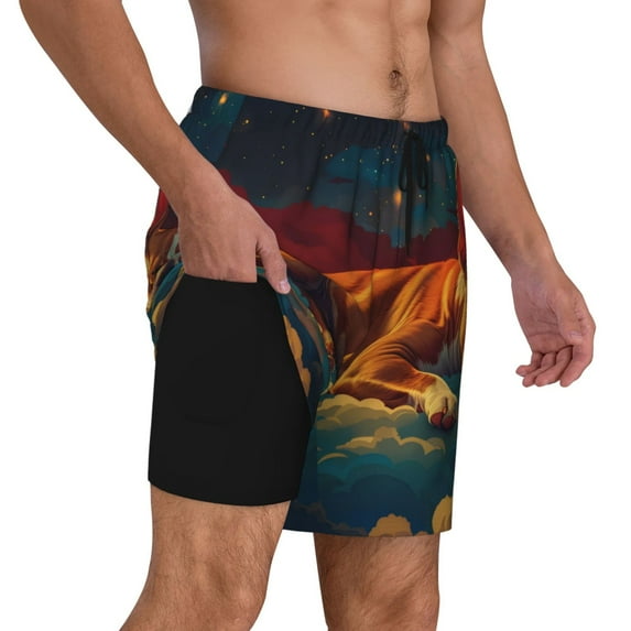 Uemuo Colorful Starry Sky Sleep Dog Pattern Mens Swim Trunks Quick Dry Board Shorts with Mesh Lining, Stretch Beach Shorts Quick Dry No-Chafing Board Shorts-Small