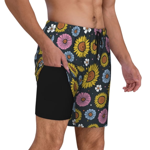Uemuo Colorful Sunflowers Pattern Mens Swim Trunks Quick Dry Board Shorts with Mesh Lining, Stretch Beach Shorts Quick Dry No-Chafing Board Shorts-Large