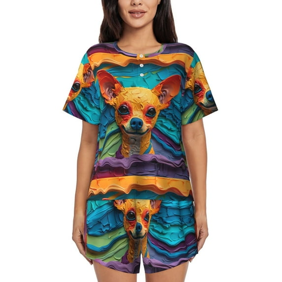 Uemuo Colorful Textured Chihuahua Pattern Women's Short-Sleeved Pajama, Button-Front Loungewear, 2-Piece Summer Sleepwear, Elastic Drawstring Shorts-